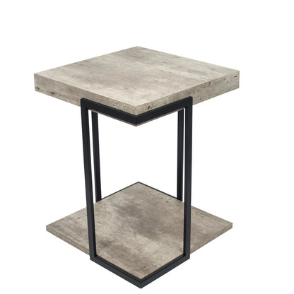 Light Grey Concrete Effect Wood Veneer Side Table with Lower Storage Shelf & Black Metal Frame – Industrial Bedside Table, Square Lamp Table or Occasional End Table for Living Room or Bedroom with Open Shelf Storage 51x42x42cm | Click Style