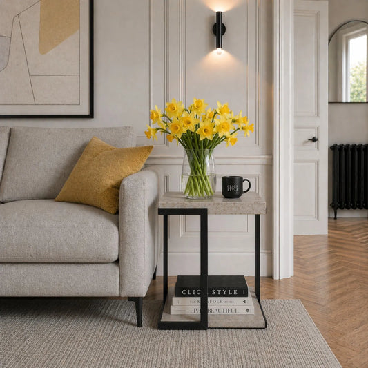 Light Grey Concrete Effect Wood Veneer Side Table with Lower Storage Shelf & Black Metal Frame – Industrial Bedside Table, Square Lamp Table or Occasional End Table for Living Room or Bedroom with Open Shelf Storage 51x42x42cm | Click Style