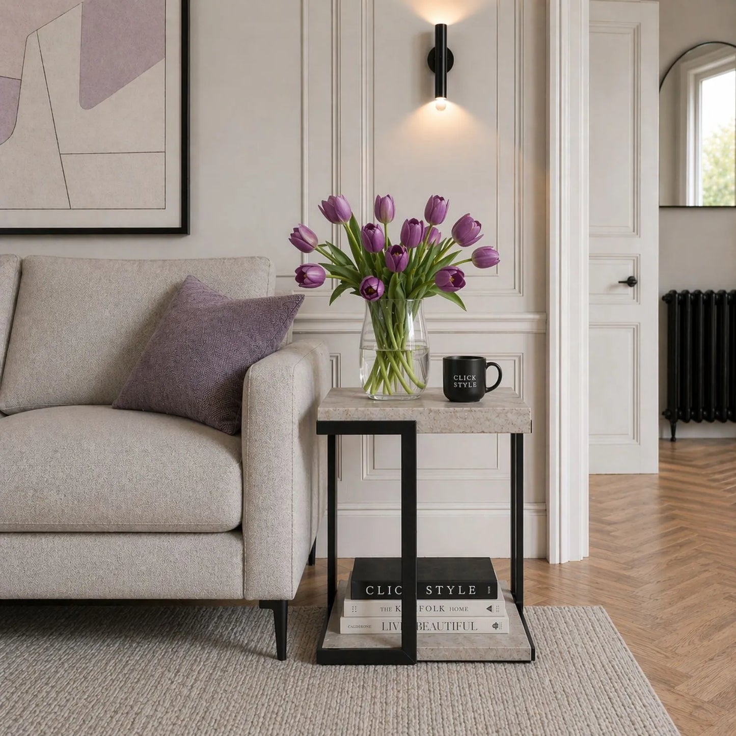 Light Grey Concrete Effect Wood Veneer Side Table with Lower Storage Shelf & Black Metal Frame – Industrial Bedside Table, Square Lamp Table or Occasional End Table for Living Room or Bedroom with Open Shelf Storage 51x42x42cm | Click Style