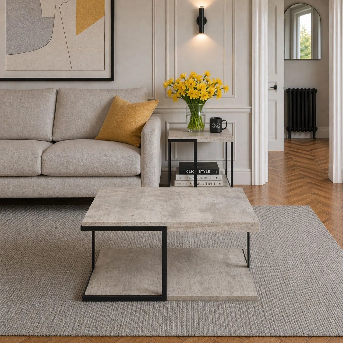 Light Grey Concrete Effect Wood Veneer Square Coffee Table with Lower Storage Shelf & Black Metal Frame – Industrial Living Room Coffee Table with Open Shelf Storage, Modern Concrete Look Centre Table for Sofas, Lounges and Contemporary Homes 38x82x82cm | Click Style
