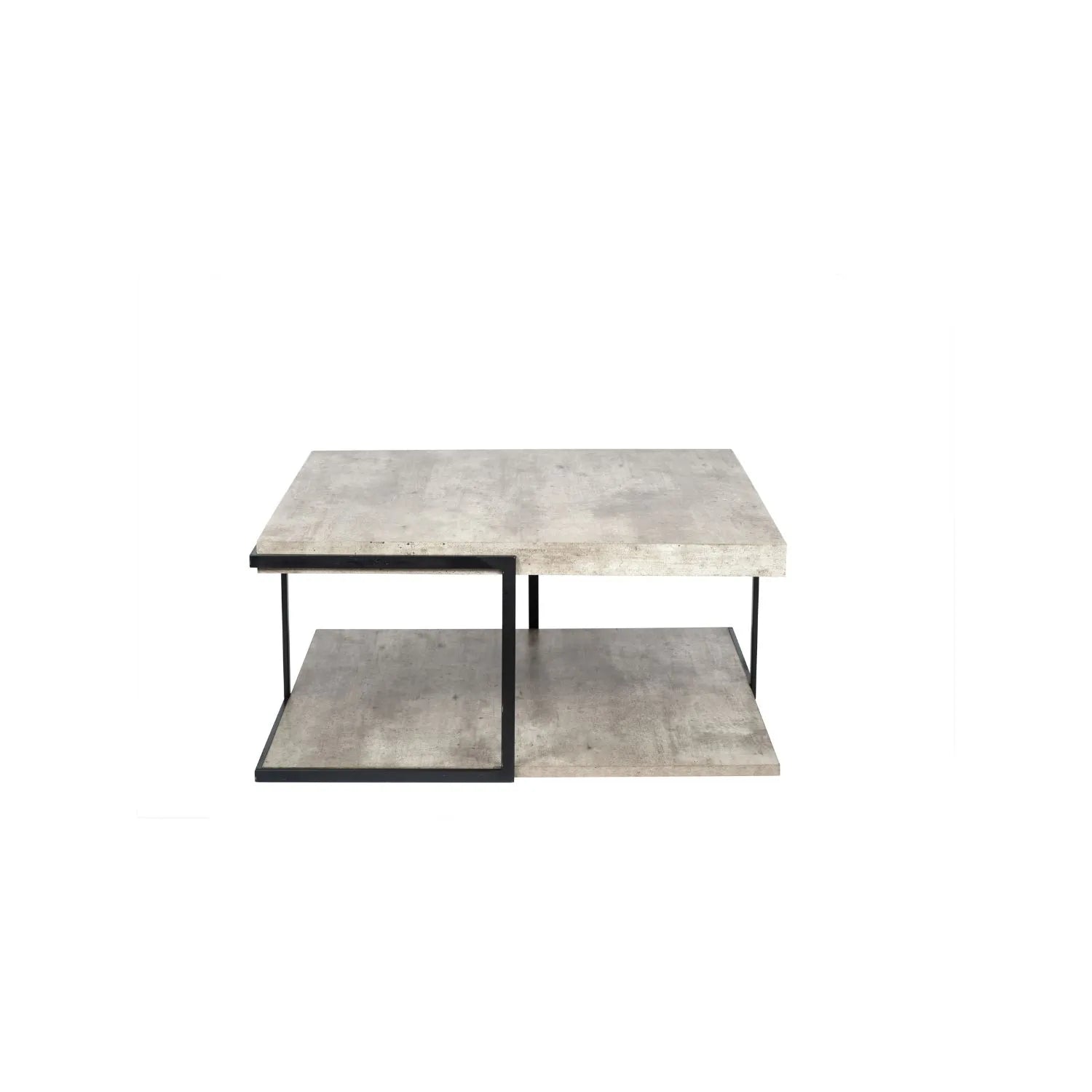 Light Grey Concrete Effect Wood Veneer Square Coffee Table with Lower Storage Shelf & Black Metal Frame – Industrial Living Room Coffee Table with Open Shelf Storage, Modern Concrete Look Centre Table for Sofas, Lounges and Contemporary Homes 38x82x82cm | Click Style