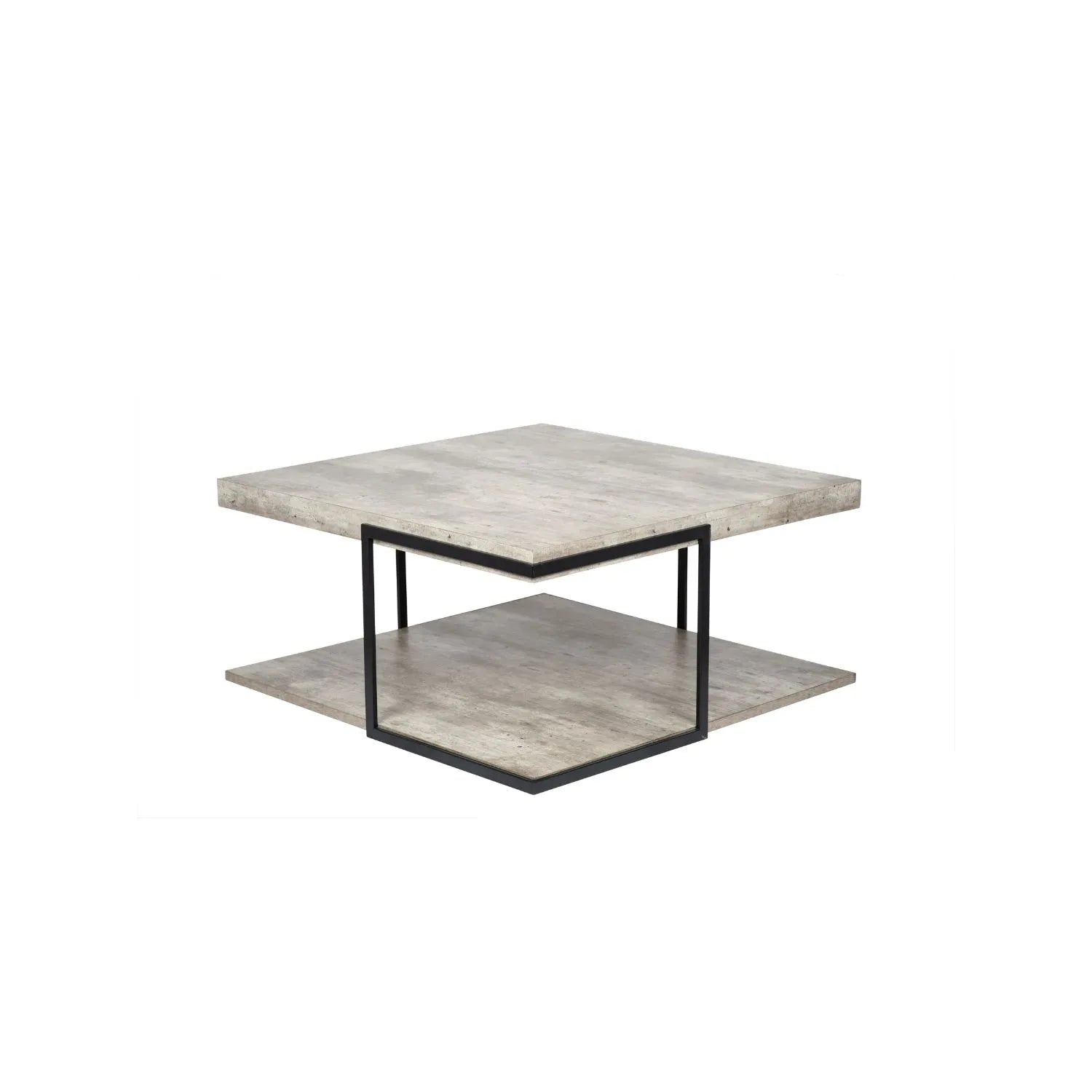 Light Grey Concrete Effect Wood Veneer Square Coffee Table with Lower Storage Shelf & Black Metal Frame – Industrial Living Room Coffee Table with Open Shelf Storage, Modern Concrete Look Centre Table for Sofas, Lounges and Contemporary Homes 38x82x82cm | Click Style