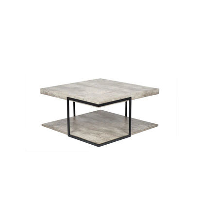Light Grey Concrete Effect Wood Veneer Square Coffee Table with Lower Storage Shelf & Black Metal Frame – Industrial Living Room Coffee Table with Open Shelf Storage, Modern Concrete Look Centre Table for Sofas, Lounges and Contemporary Homes 38x82x82cm | Click Style