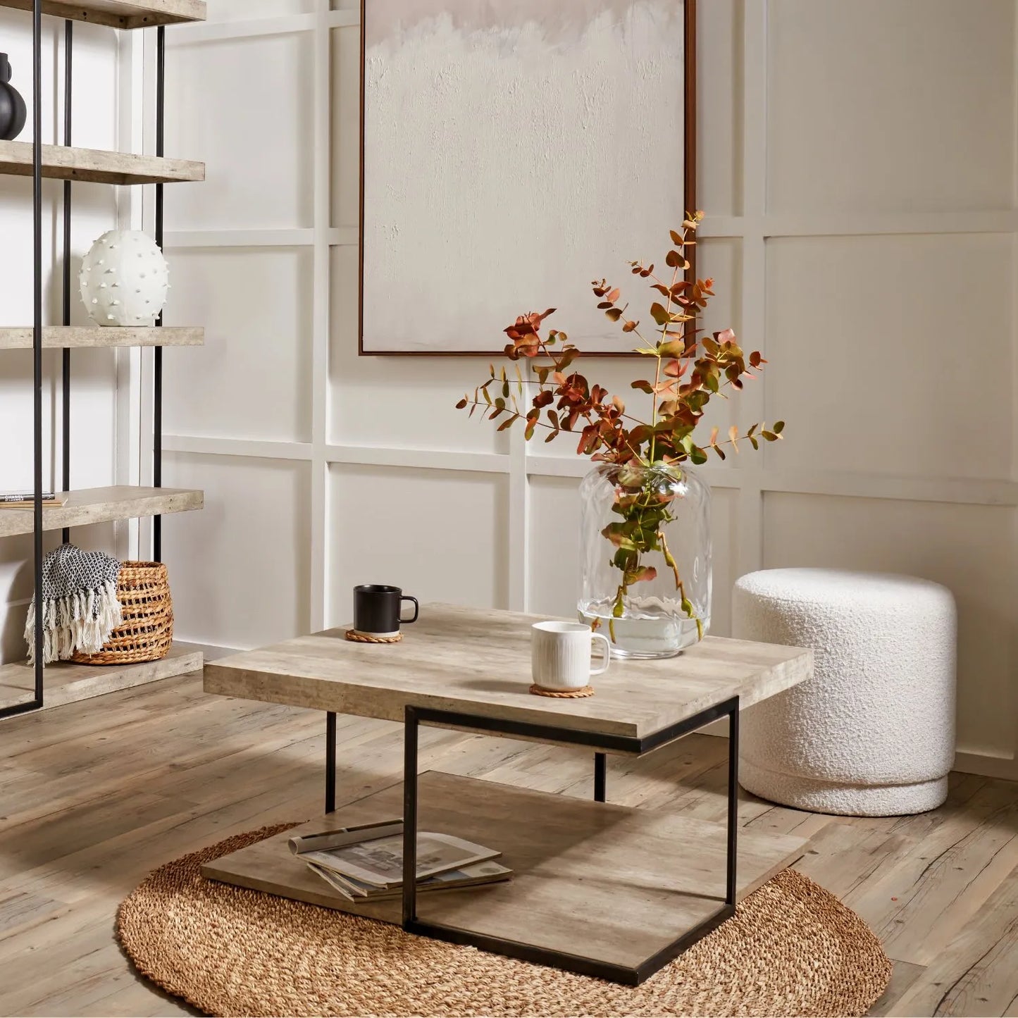 Light Grey Concrete Effect Wood Veneer Square Coffee Table with Lower Storage Shelf & Black Metal Frame – Industrial Living Room Coffee Table with Open Shelf Storage, Modern Concrete Look Centre Table for Sofas, Lounges and Contemporary Homes 38x82x82cm | Click Style