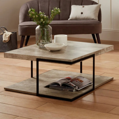 Light Grey Concrete Effect Wood Veneer Square Coffee Table with Lower Storage Shelf & Black Metal Frame – Industrial Living Room Coffee Table with Open Shelf Storage, Modern Concrete Look Centre Table for Sofas, Lounges and Contemporary Homes 38x82x82cm | Click Style