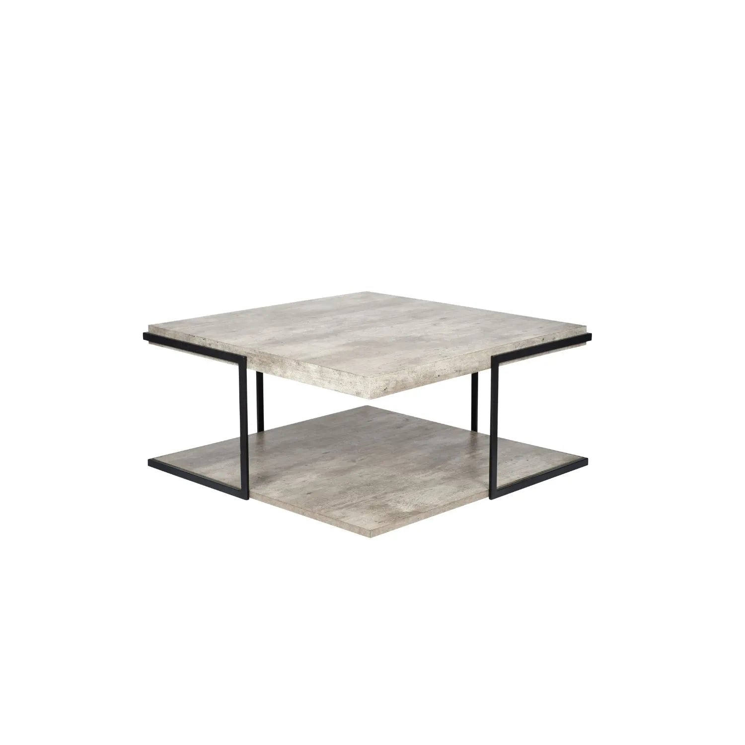 Light Grey Concrete Effect Wood Veneer Square Coffee Table with Lower Storage Shelf & Black Metal Frame – Industrial Living Room Coffee Table with Open Shelf Storage, Modern Concrete Look Centre Table for Sofas, Lounges and Contemporary Homes 38x82x82cm | Click Style