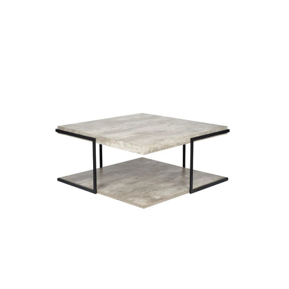 Light Grey Concrete Effect Wood Veneer Square Coffee Table with Lower Storage Shelf & Black Metal Frame – Industrial Living Room Coffee Table with Open Shelf Storage, Modern Concrete Look Centre Table for Sofas, Lounges and Contemporary Homes 38x82x82cm | Click Style