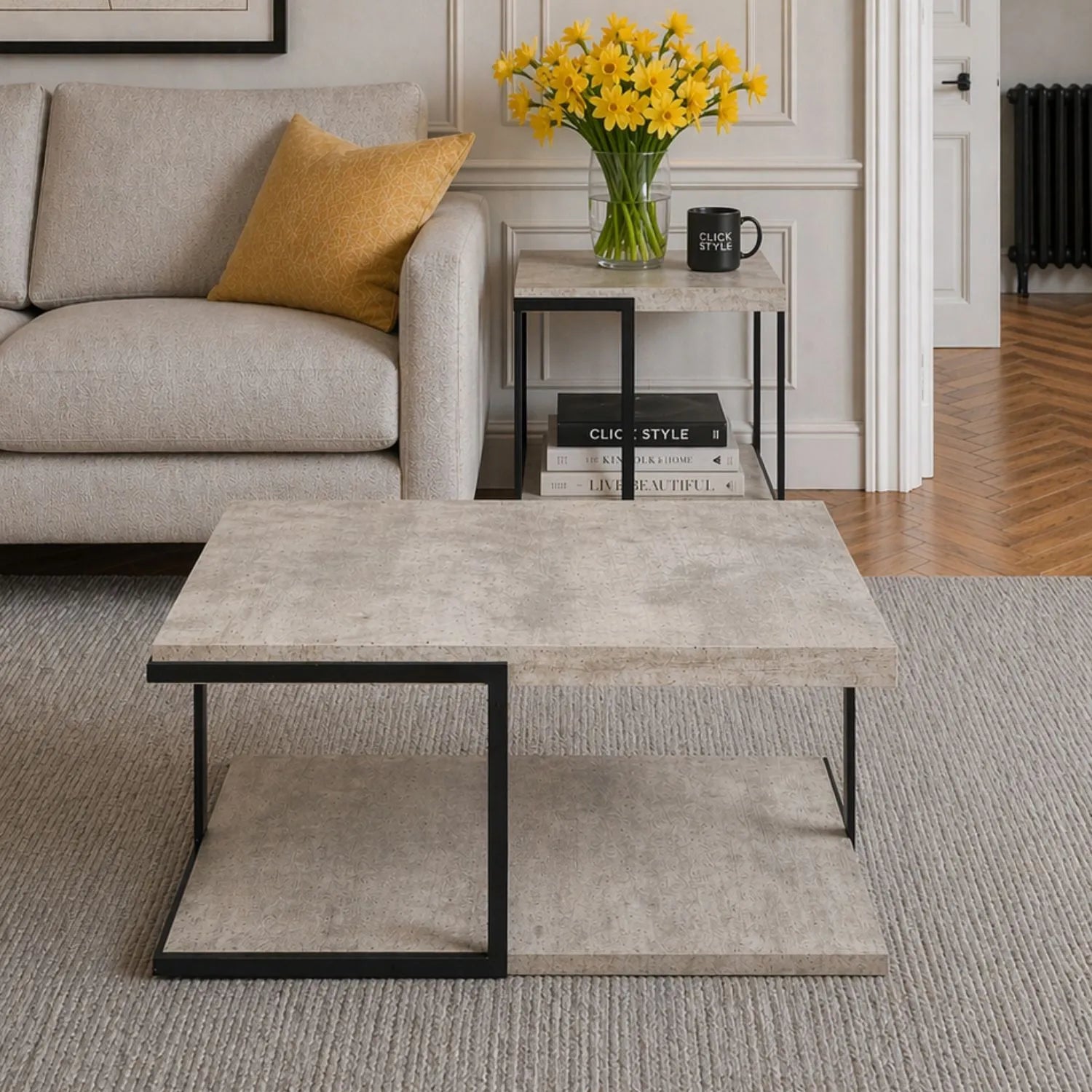 Light Grey Concrete Effect Wood Veneer Square Coffee Table with Lower Storage Shelf & Black Metal Frame – Industrial Living Room Coffee Table with Open Shelf Storage, Modern Concrete Look Centre Table for Sofas, Lounges and Contemporary Homes 38x82x82cm | Click Style