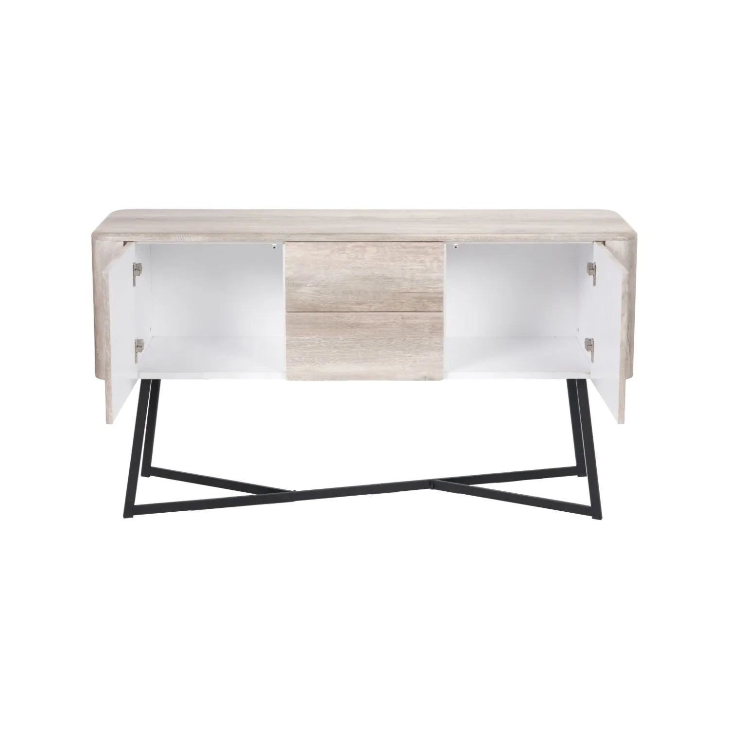 Light Grey Oak Veneer Handle-Free 2 Door 2 Drawer Sideboard with Smooth-Running Drawer Runners & Tapered Black Metal Legs – Scandinavian Style Wooden Storage Cabinet Front 76x129x40cm | Click Style