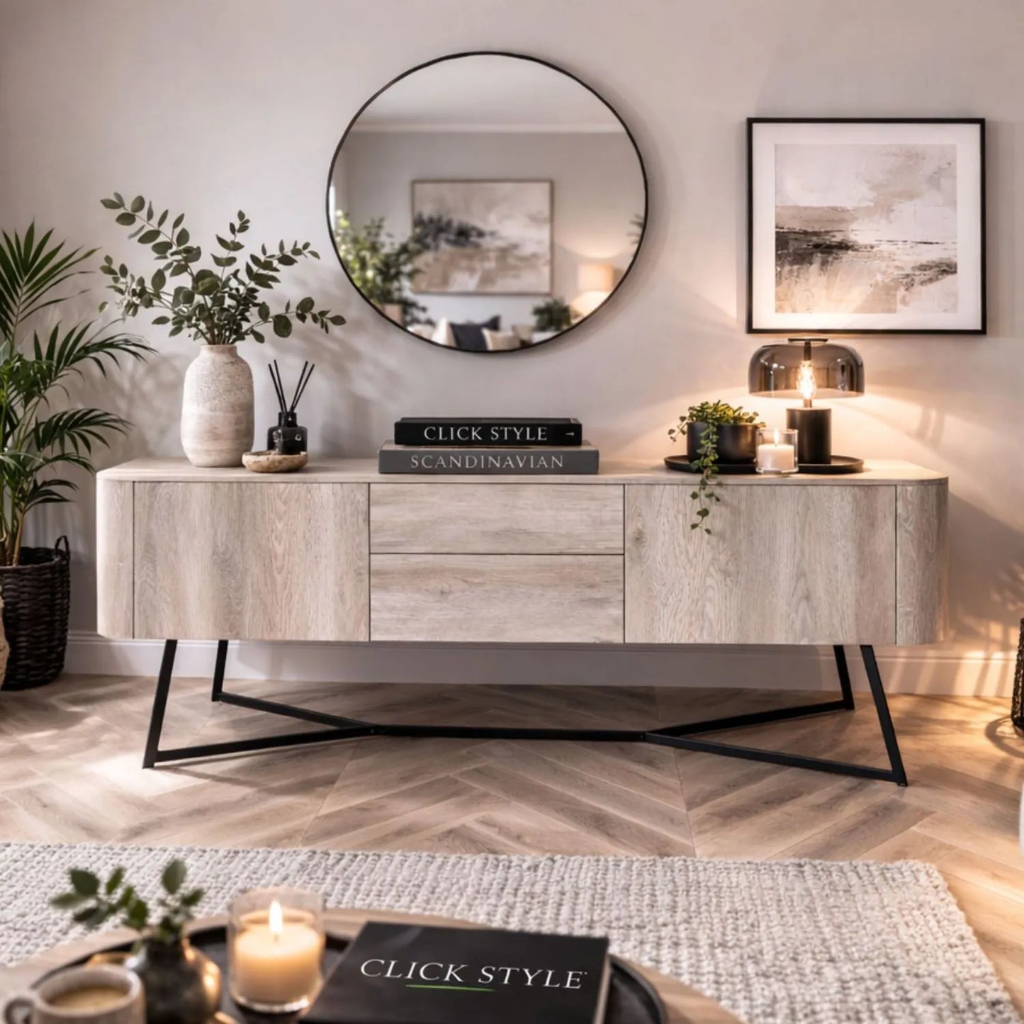 Light Grey Oak Veneer Handle-Free 2 Door 2 Drawer Sideboard with Smooth-Running Drawer Runners & Tapered Black Metal Legs – Scandinavian Style Wooden Storage Cabinet Front 76x129x40cm | Click Style