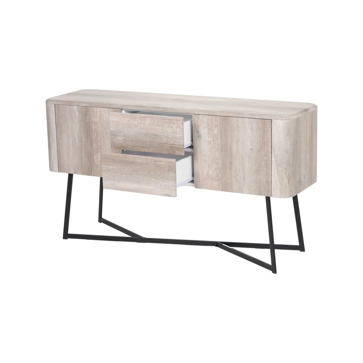 Light Grey Oak Veneer Handle-Free 2 Door 2 Drawer Sideboard with Smooth-Running Drawer Runners & Tapered Black Metal Legs – Scandinavian Style Wooden Storage Cabinet Front 76x129x40cm | Click Style