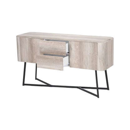 Light Grey Oak Veneer Handle-Free 2 Door 2 Drawer Sideboard with Smooth-Running Drawer Runners & Tapered Black Metal Legs – Scandinavian Style Wooden Storage Cabinet Front 76x129x40cm | Click Style