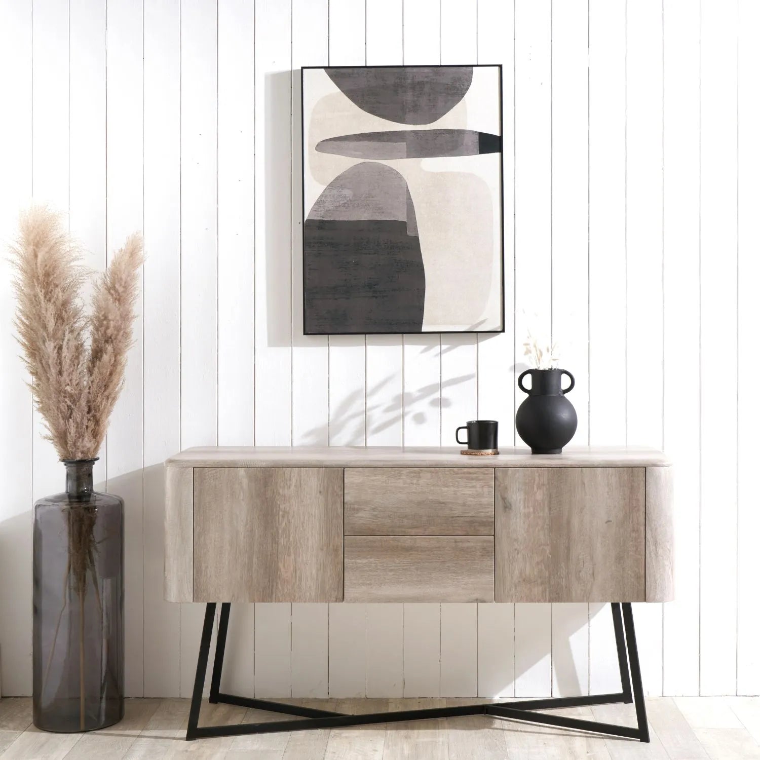 Light Grey Oak Veneer Handle-Free 2 Door 2 Drawer Sideboard with Smooth-Running Drawer Runners & Tapered Black Metal Legs – Scandinavian Style Wooden Storage Cabinet 76x129x40cm | Click Style