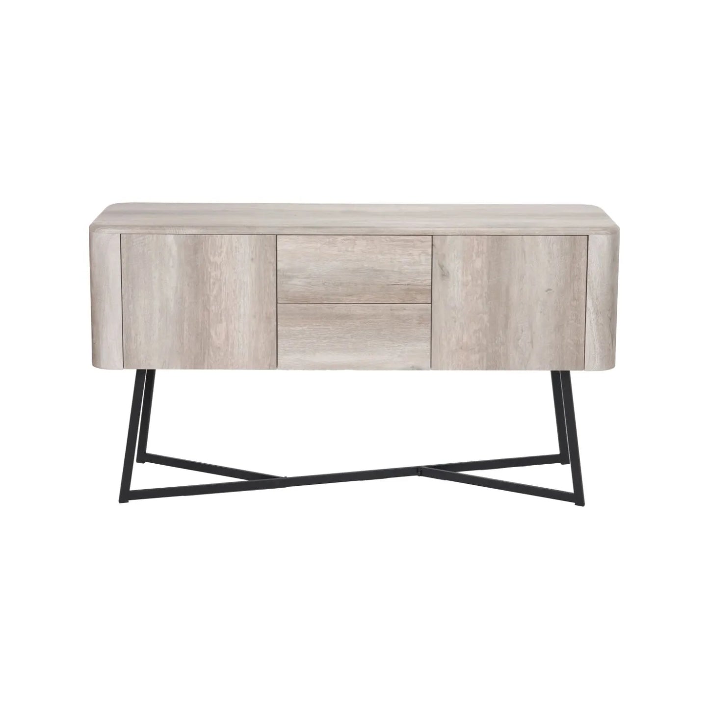 Light Grey Oak Veneer Handle-Free 2 Door 2 Drawer Sideboard with Smooth-Running Drawer Runners & Tapered Black Metal Legs – Scandinavian Style Wooden Storage Cabinet Front 76x129x40cm | Click Style