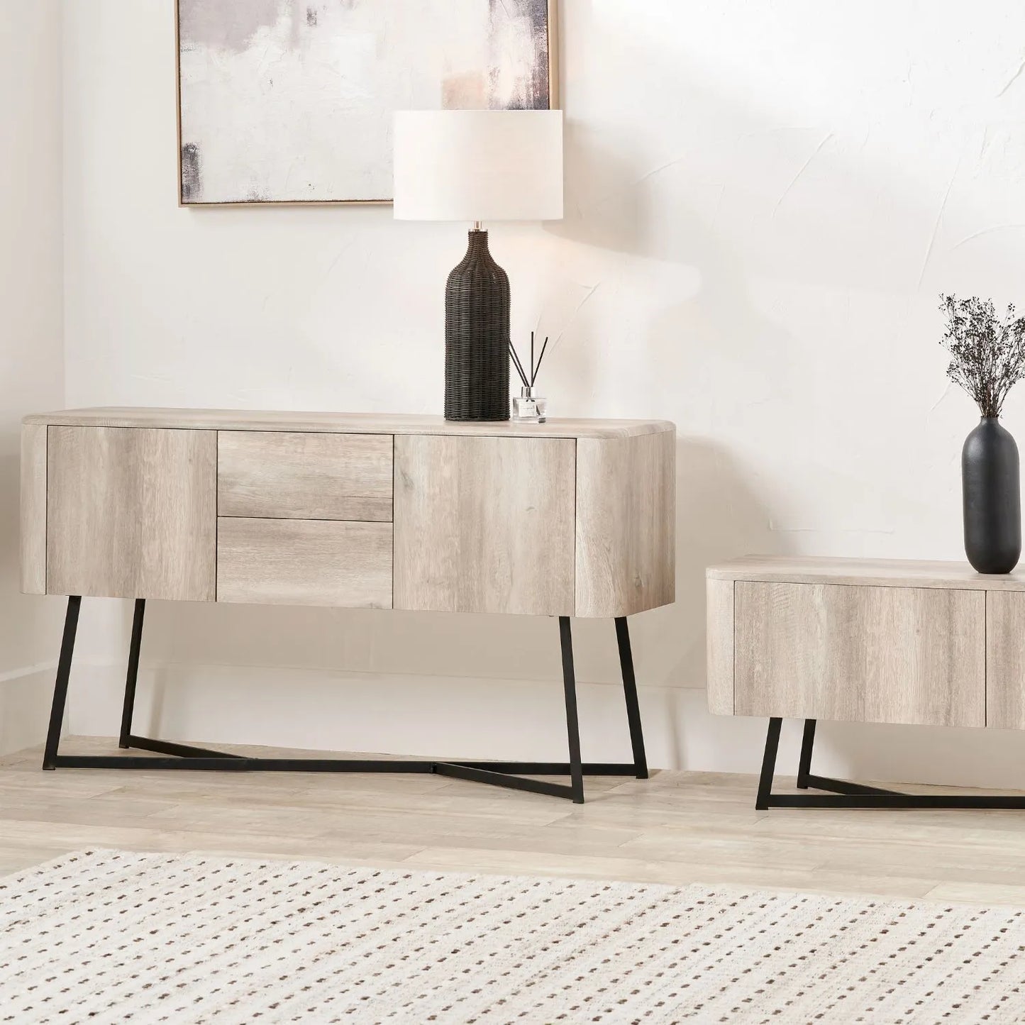 Light Grey Oak Veneer Handle-Free 2 Door 2 Drawer Sideboard with Smooth-Running Drawer Runners & Tapered Black Metal Legs – Scandinavian Style Wooden Storage Cabinet 76x129x40cm | Click Style