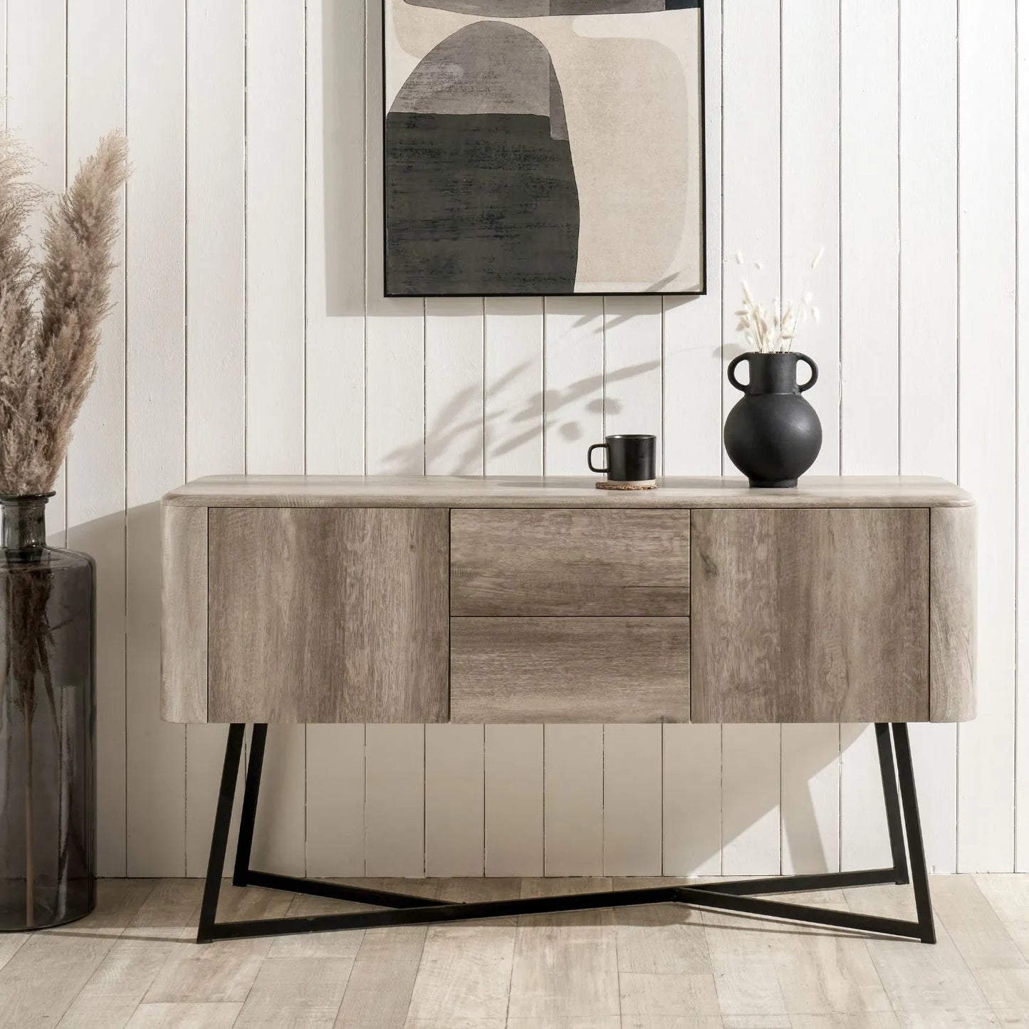 Light Grey Oak Veneer Handle-Free 2 Door 2 Drawer Sideboard with Smooth-Running Drawer Runners & Tapered Black Metal Legs – Scandinavian Style Wooden Storage Cabinet 76x129x40cm | Click Style