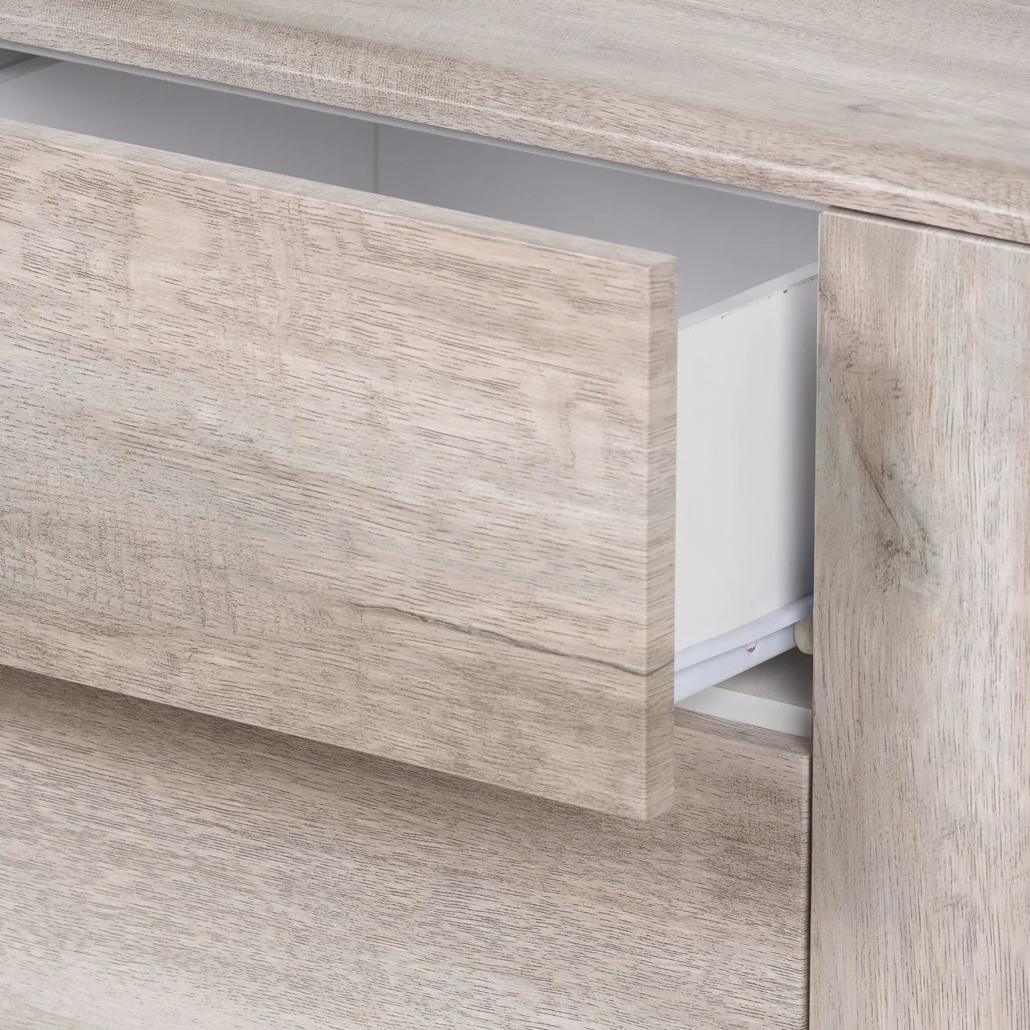 Light Grey Oak Veneer Handle-Free 2 Door 2 Drawer Sideboard with Smooth-Running Drawer Runners & Tapered Black Metal Legs – Scandinavian Style Wooden Storage Cabinet 76x129x40cm | Click Style