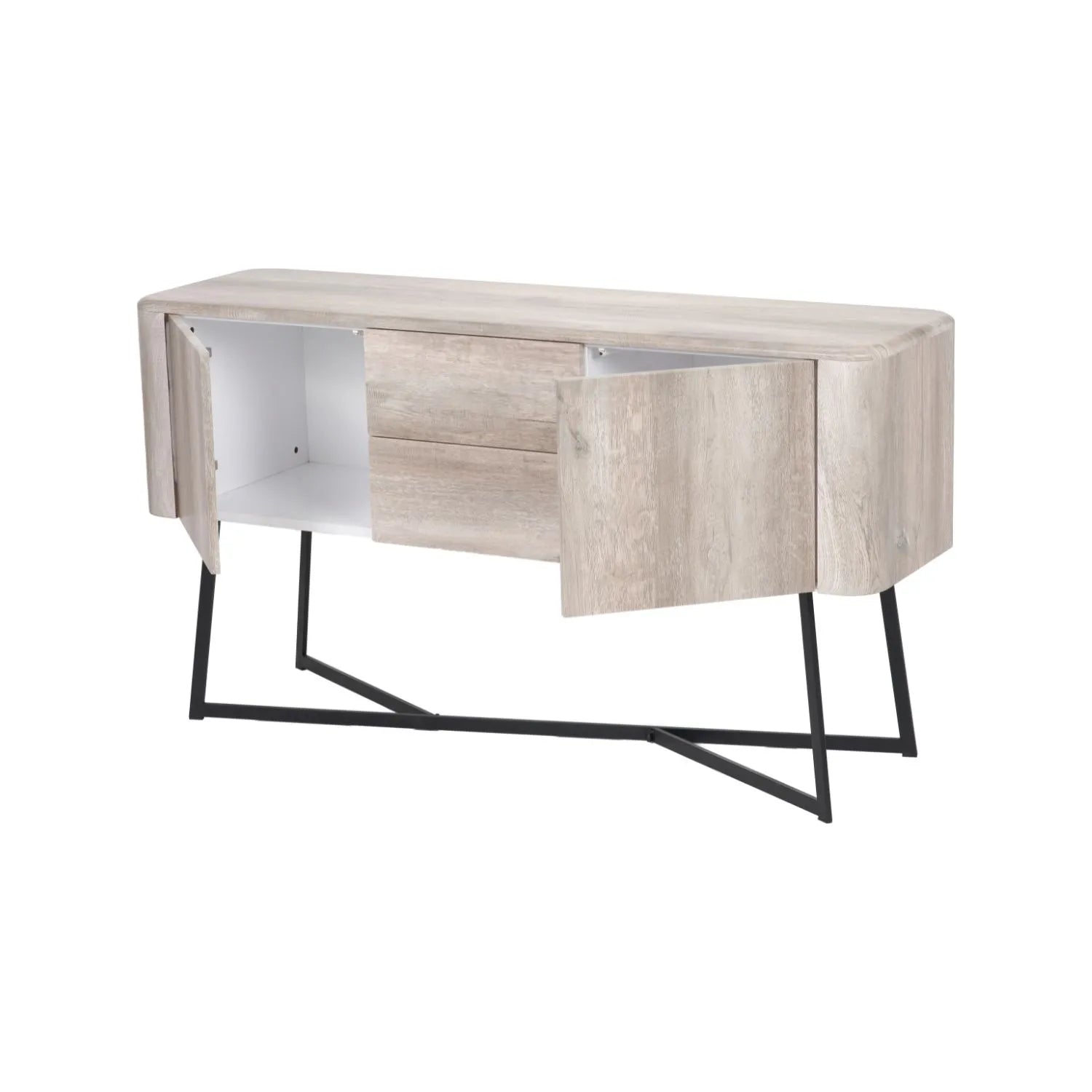 Light Grey Oak Veneer Handle-Free 2 Door 2 Drawer Sideboard with Smooth-Running Drawer Runners & Tapered Black Metal Legs – Scandinavian Style Wooden Storage Cabinet Front 76x129x40cm | Click Style