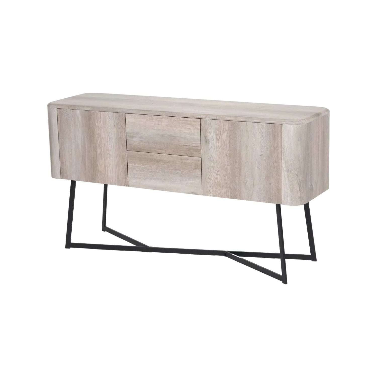 Light Grey Oak Veneer Handle-Free 2 Door 2 Drawer Sideboard with Smooth-Running Drawer Runners & Tapered Black Metal Legs – Scandinavian Style Wooden Storage Cabinet Front 76x129x40cm | Click Style