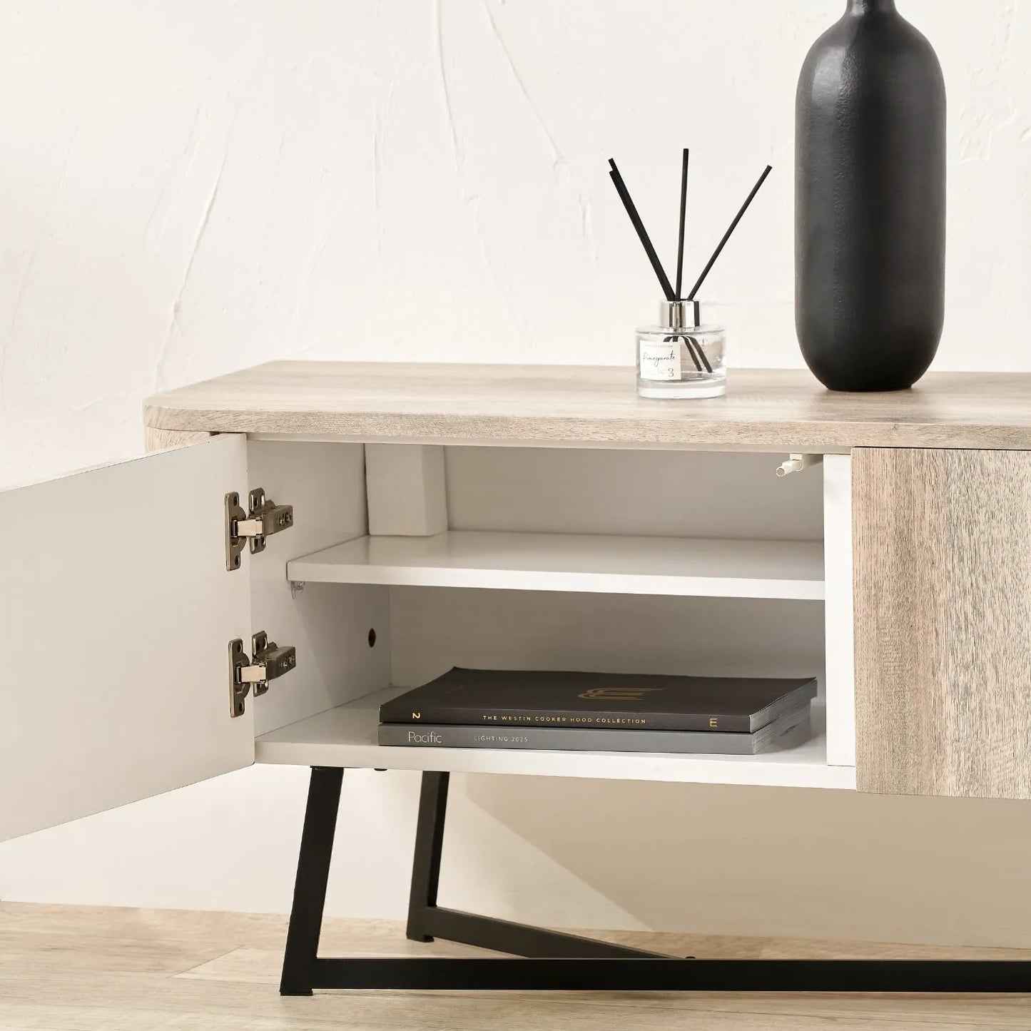 Light Grey Oak Veneer 2 Door Low Sideboard with Internal Shelves, Curved Edges & Tapered Black Metal Legs – Scandinavian Style Wooden Storage Unit 47x120x34cm | Click Style