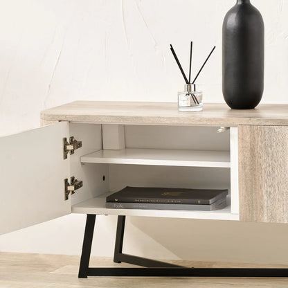 Light Grey Oak Veneer 2 Door Low Sideboard with Internal Shelves, Curved Edges & Tapered Black Metal Legs – Scandinavian Style Wooden Storage Unit 47x120x34cm | Click Style