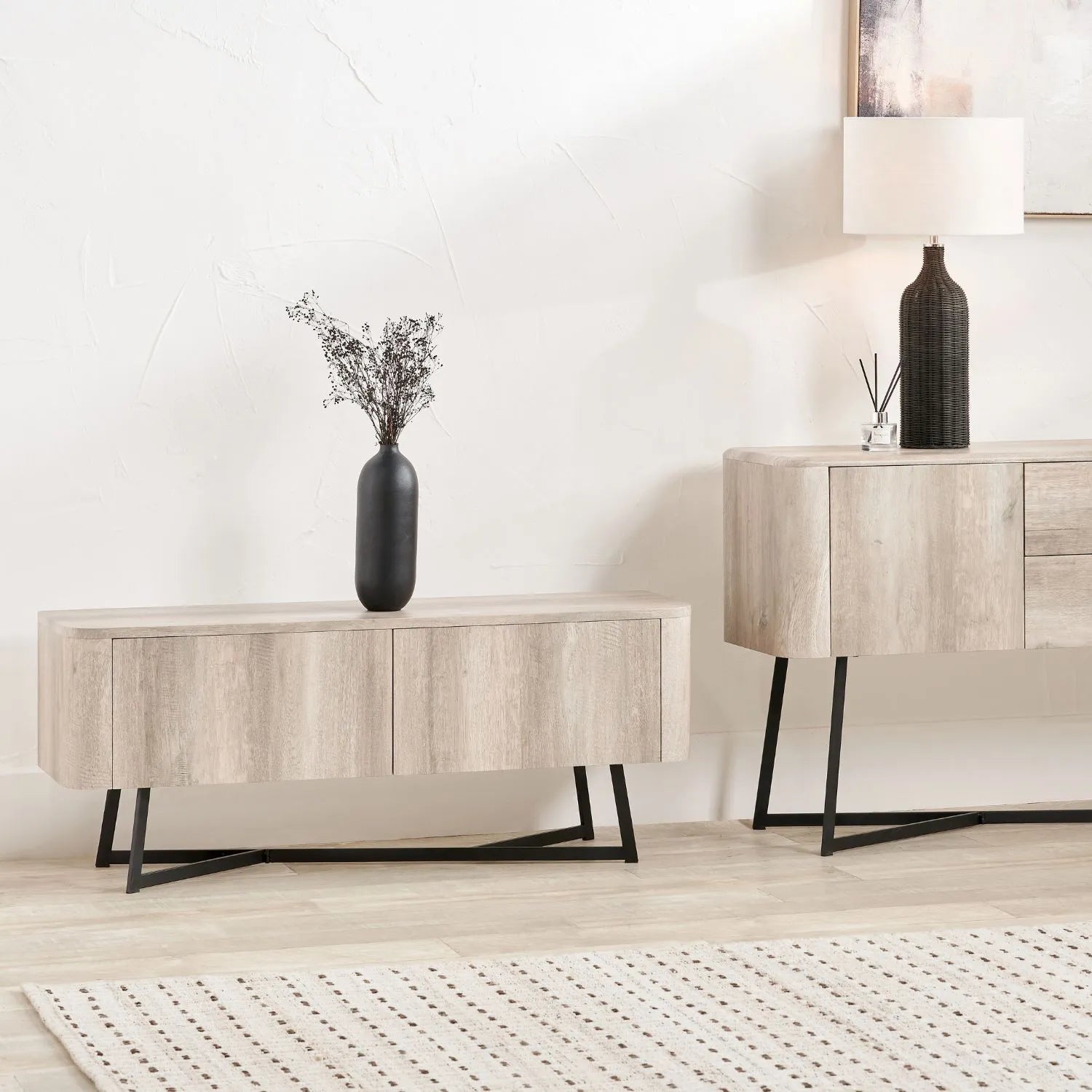 Light Grey Oak Veneer 2 Door Low Sideboard with Internal Shelves, Curved Edges & Tapered Black Metal Legs – Scandinavian Style Wooden Storage Unit 47x120x34cm | Click Style