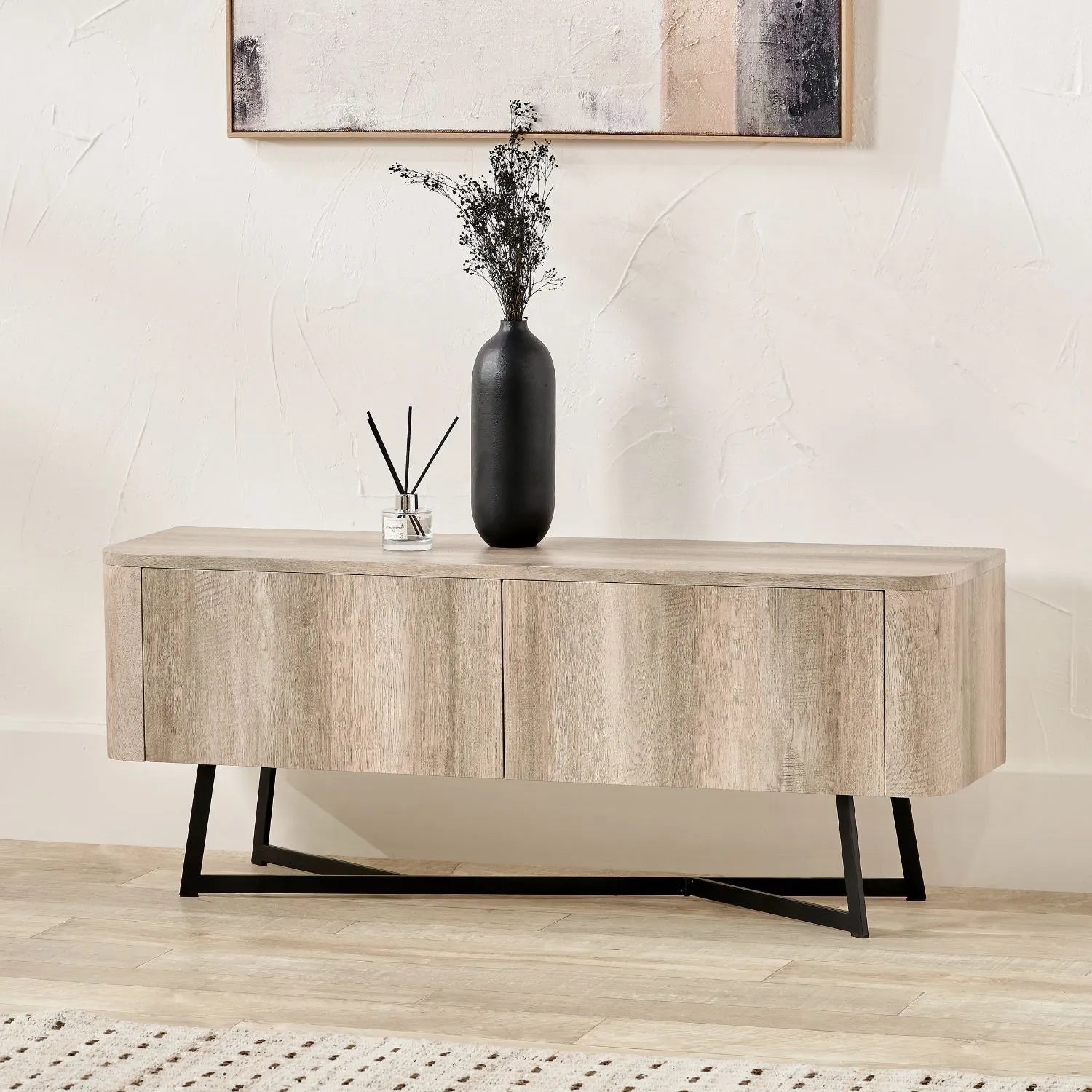 Light Grey Oak Veneer 2 Door Low Sideboard with Internal Shelves, Curved Edges & Tapered Black Metal Legs – Scandinavian Style Wooden Storage Unit 47x120x34cm | Click Style