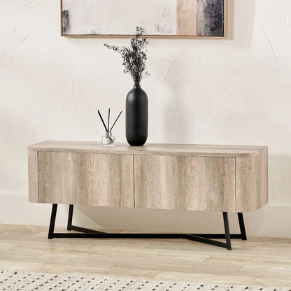 Light Grey Oak Veneer 2 Door Low Sideboard with Internal Shelves, Curved Edges & Tapered Black Metal Legs – Scandinavian Style Wooden Storage Unit 47x120x34cm | Click Style