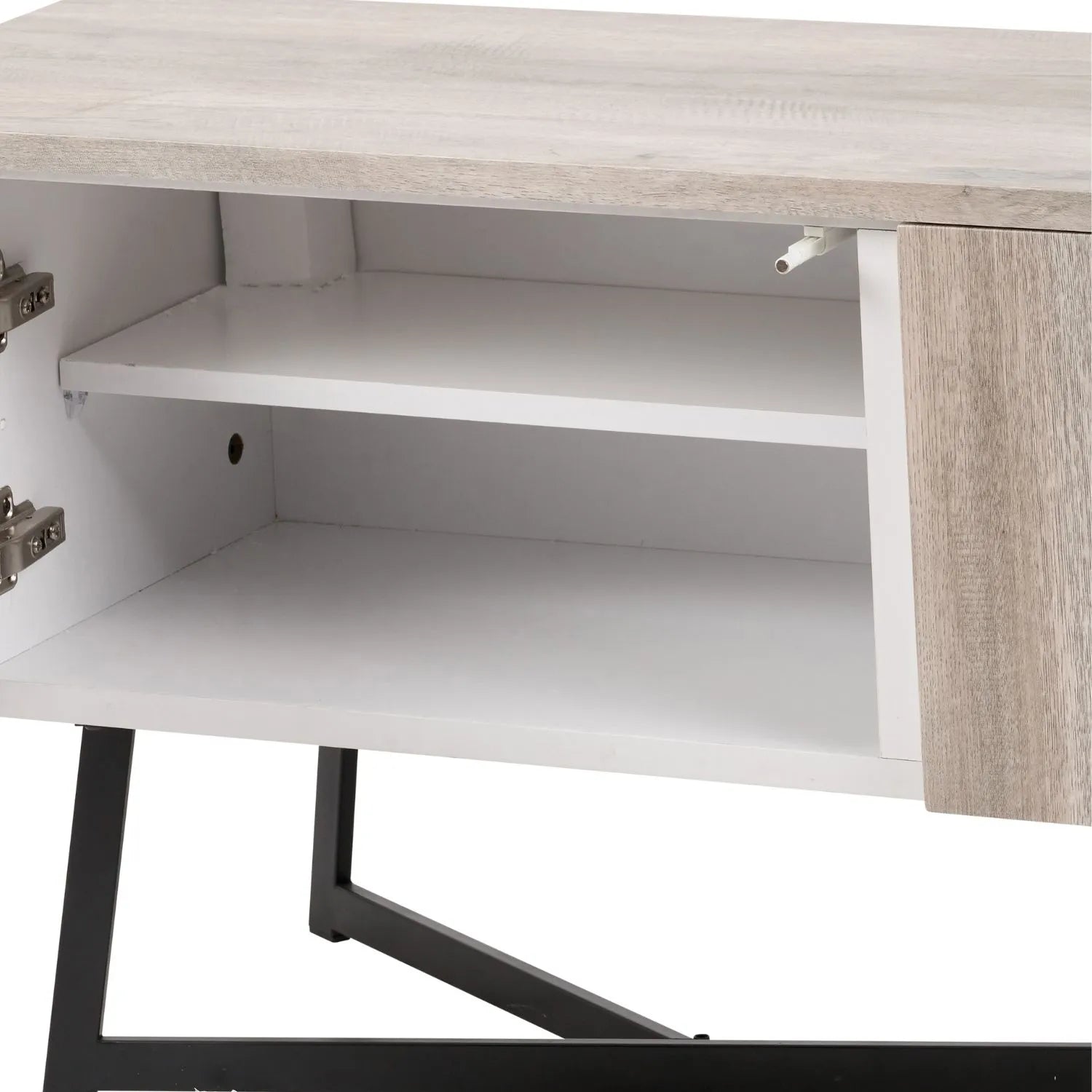 Light Grey Oak Veneer 2 Door Low Sideboard with Internal Shelves, Curved Edges & Tapered Black Metal Legs – Scandinavian Style Wooden Storage Unit 47x120x34cm | Click Style