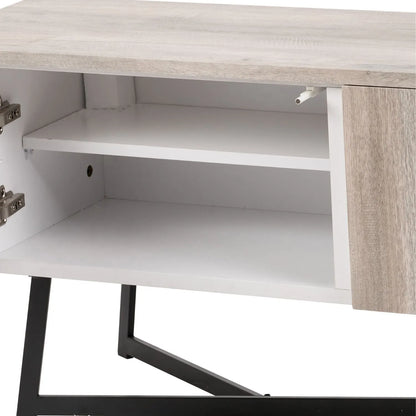 Light Grey Oak Veneer 2 Door Low Sideboard with Internal Shelves, Curved Edges & Tapered Black Metal Legs – Scandinavian Style Wooden Storage Unit 47x120x34cm | Click Style