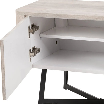 Light Grey Oak Veneer 2 Door Low Sideboard with Internal Shelves, Curved Edges & Tapered Black Metal Legs – Scandinavian Style Wooden Storage Unit 47x120x34cm | Click Style