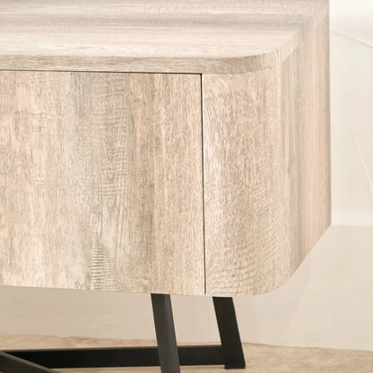 Light Grey Oak Veneer 2 Door Low Sideboard with Internal Shelves, Curved Edges & Tapered Black Metal Legs – Scandinavian Style Wooden Storage Unit 47x120x34cm | Click Style