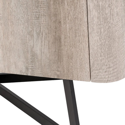 Light Grey Oak Veneer 2 Door Low Sideboard with Internal Shelves, Curved Edges & Tapered Black Metal Legs – Scandinavian Style Wooden Storage Unit 47x120x34cm | Click Style