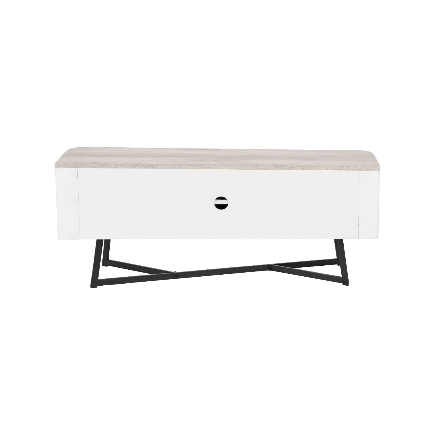 Light Grey Oak Veneer 2 Door Low Sideboard with Internal Shelves, Curved Edges & Tapered Black Metal Legs – Scandinavian Style Wooden Storage Unit Back 47x120x34cm | Click Style