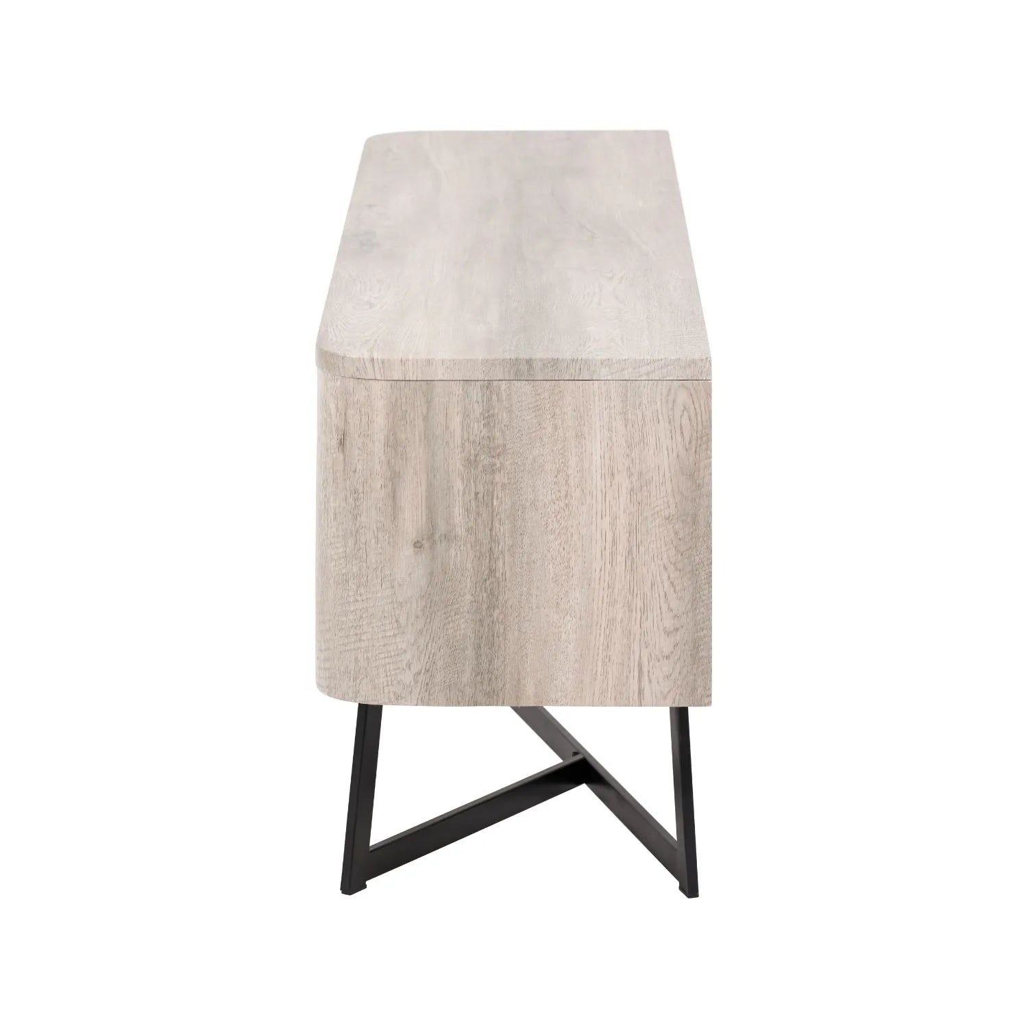 Light Grey Oak Veneer 2 Door Low Sideboard with Internal Shelves, Curved Edges & Tapered Black Metal Legs – Scandinavian Style Wooden Storage Unit Side 47x120x34cm | Click Style