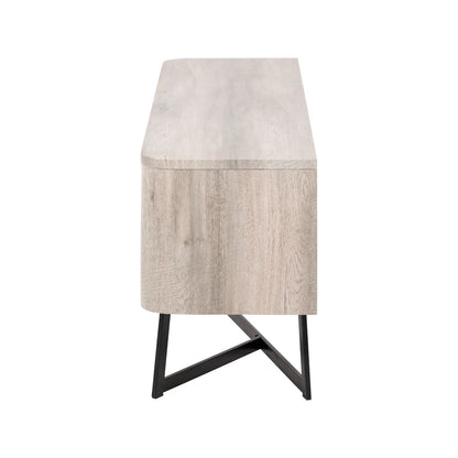 Light Grey Oak Veneer 2 Door Low Sideboard with Internal Shelves, Curved Edges & Tapered Black Metal Legs – Scandinavian Style Wooden Storage Unit Side 47x120x34cm | Click Style