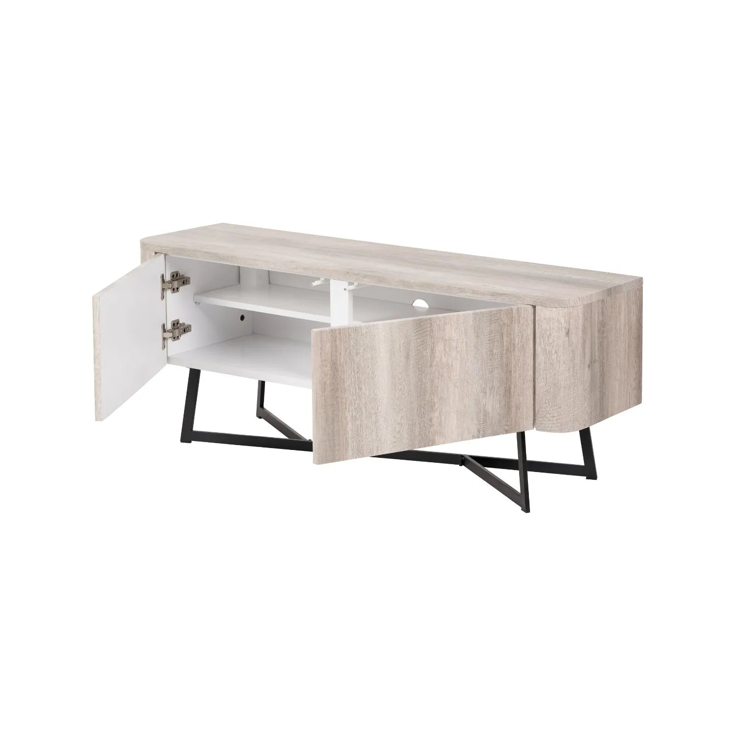 Light Grey Oak Veneer 2 Door Low Sideboard with Internal Shelves, Curved Edges & Tapered Black Metal Legs – Scandinavian Style Wooden Storage Unit 47x120x34cm | Click Style