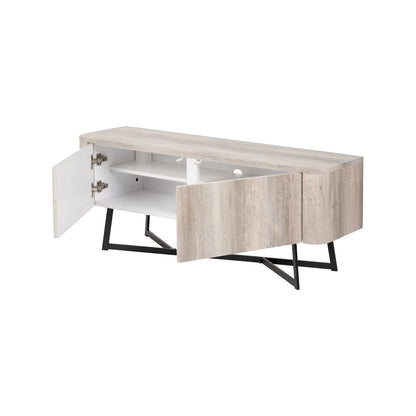 Light Grey Oak Veneer 2 Door Low Sideboard with Internal Shelves, Curved Edges & Tapered Black Metal Legs – Scandinavian Style Wooden Storage Unit 47x120x34cm | Click Style