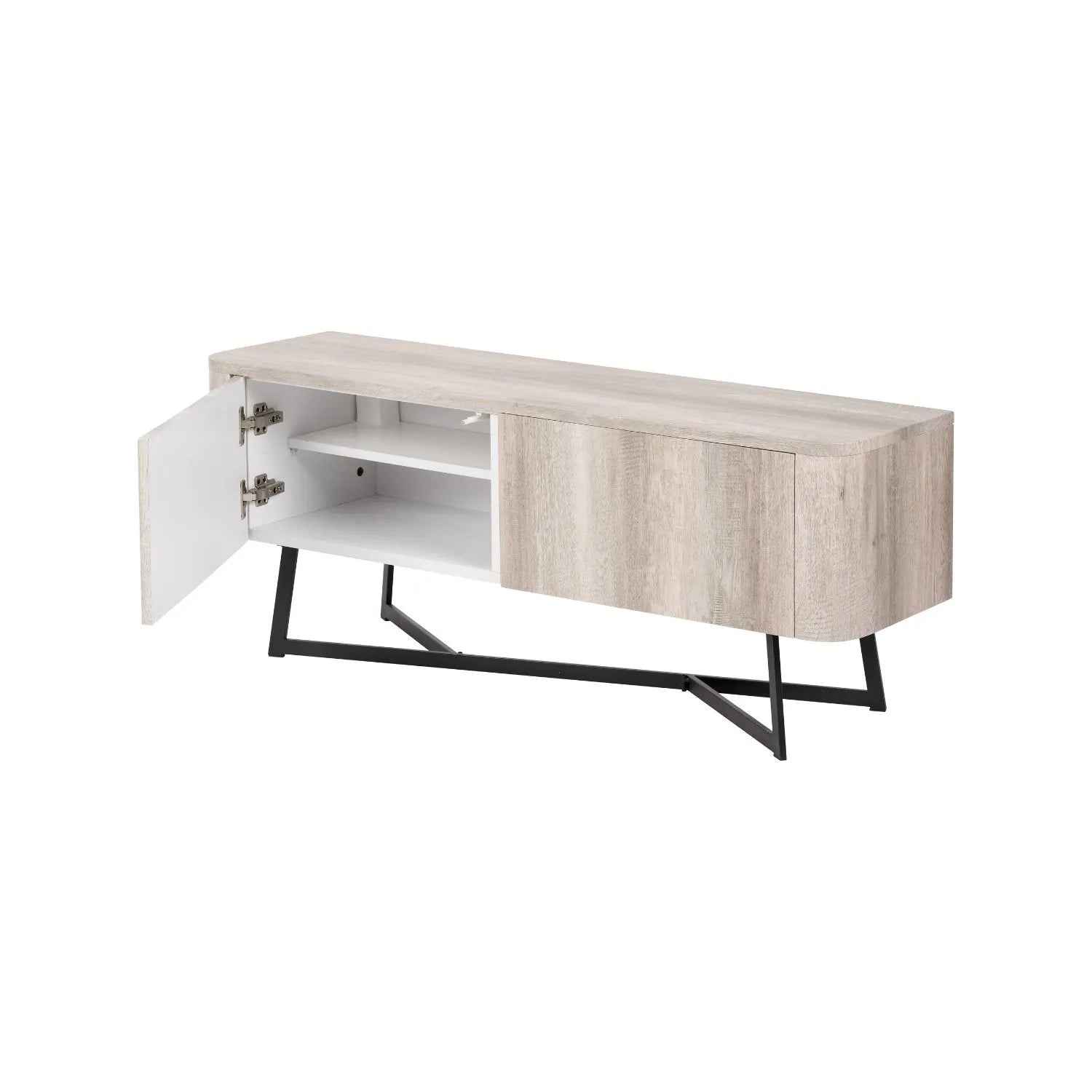 Light Grey Oak Veneer 2 Door Low Sideboard with Internal Shelves, Curved Edges & Tapered Black Metal Legs – Scandinavian Style Wooden Storage Unit 47x120x34cm | Click Style