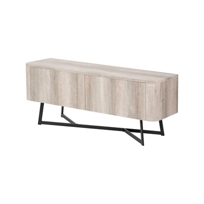 Light Grey Oak Veneer 2 Door Low Sideboard with Internal Shelves, Curved Edges & Tapered Black Metal Legs – Scandinavian Style Wooden Storage Unit 47x120x34cm | Click Style