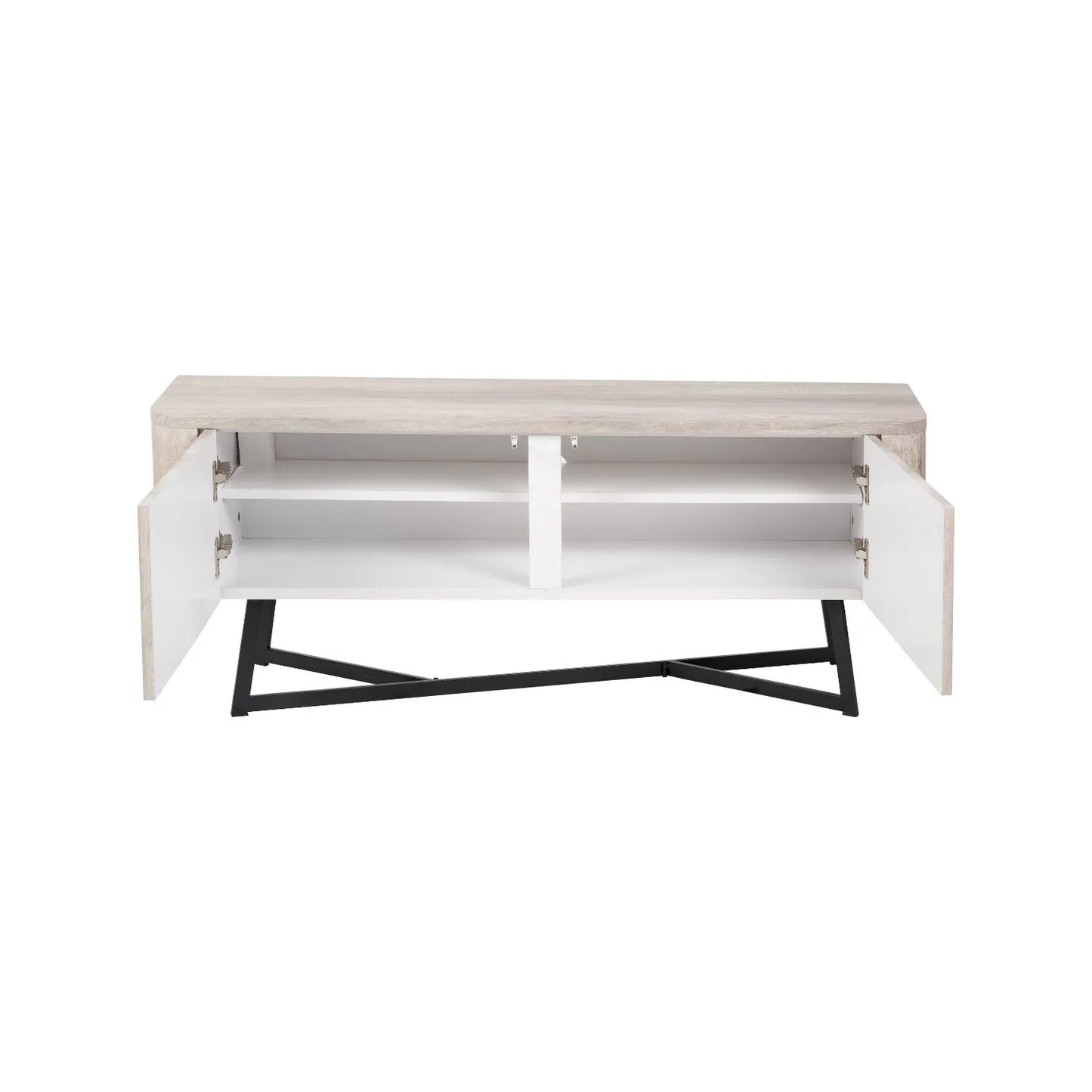 Light Grey Oak Veneer 2 Door Low Sideboard with Internal Shelves, Curved Edges & Tapered Black Metal Legs – Scandinavian Style Wooden Storage Unit 47x120x34cm | Click Style