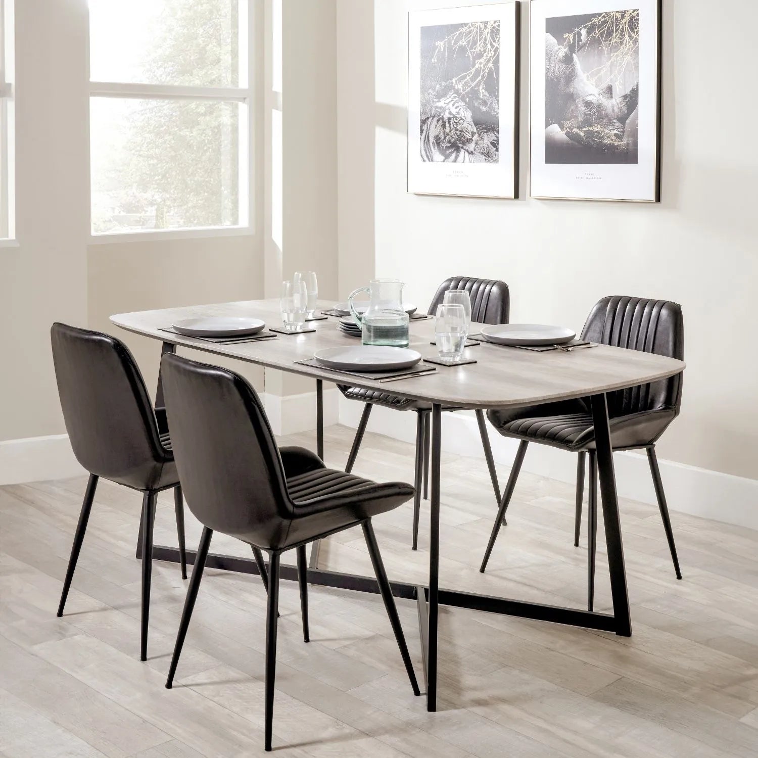 Light Grey Oak Veneer 4 Seater Dining Table with Rounded Edges & Tapered Black Metal Legs – Rectangular Scandinavian Dining Table H76xW180xD91cm – Grey Oak Veneer Top with Black Iron Frame 73cm Chair Clearance | Click Style