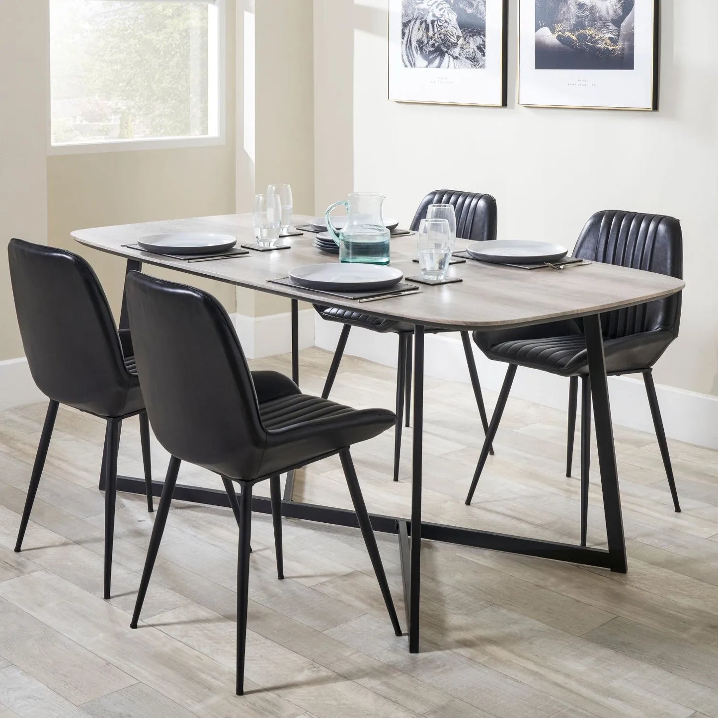 Light Grey Oak Veneer 4 Seater Dining Table with Rounded Edges & Tapered Black Metal Legs – Rectangular Scandinavian Dining Table H76xW180xD91cm – Grey Oak Veneer Top with Black Iron Frame 73cm Chair Clearance | Click Style