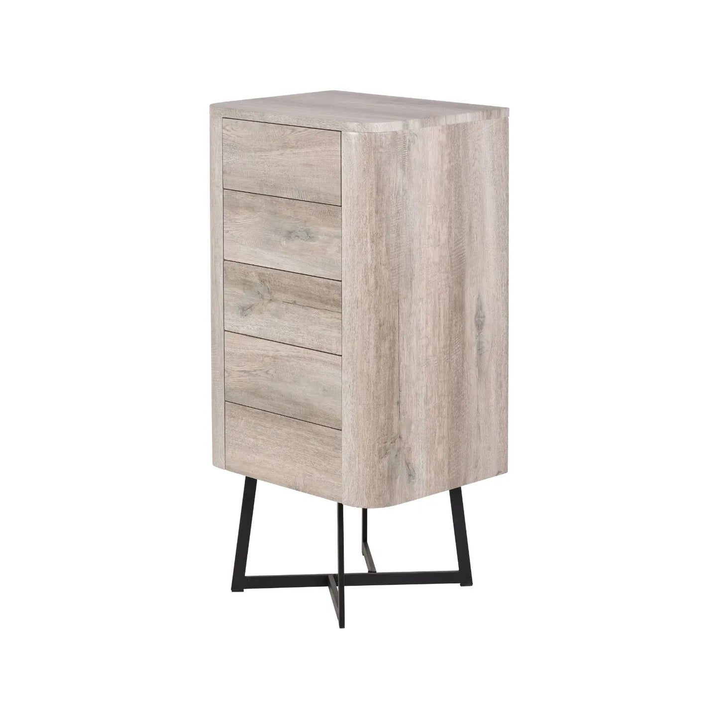 Light Grey Oak Veneer 5 Drawer Chest of Drawers with Tapered Black Metal Legs – Scandinavian Tallboy Unit H100xW50xD40cm – Grey Oak Veneer Tall Chest with Handle-Free Drawers & Black Steel Frame | Click Style