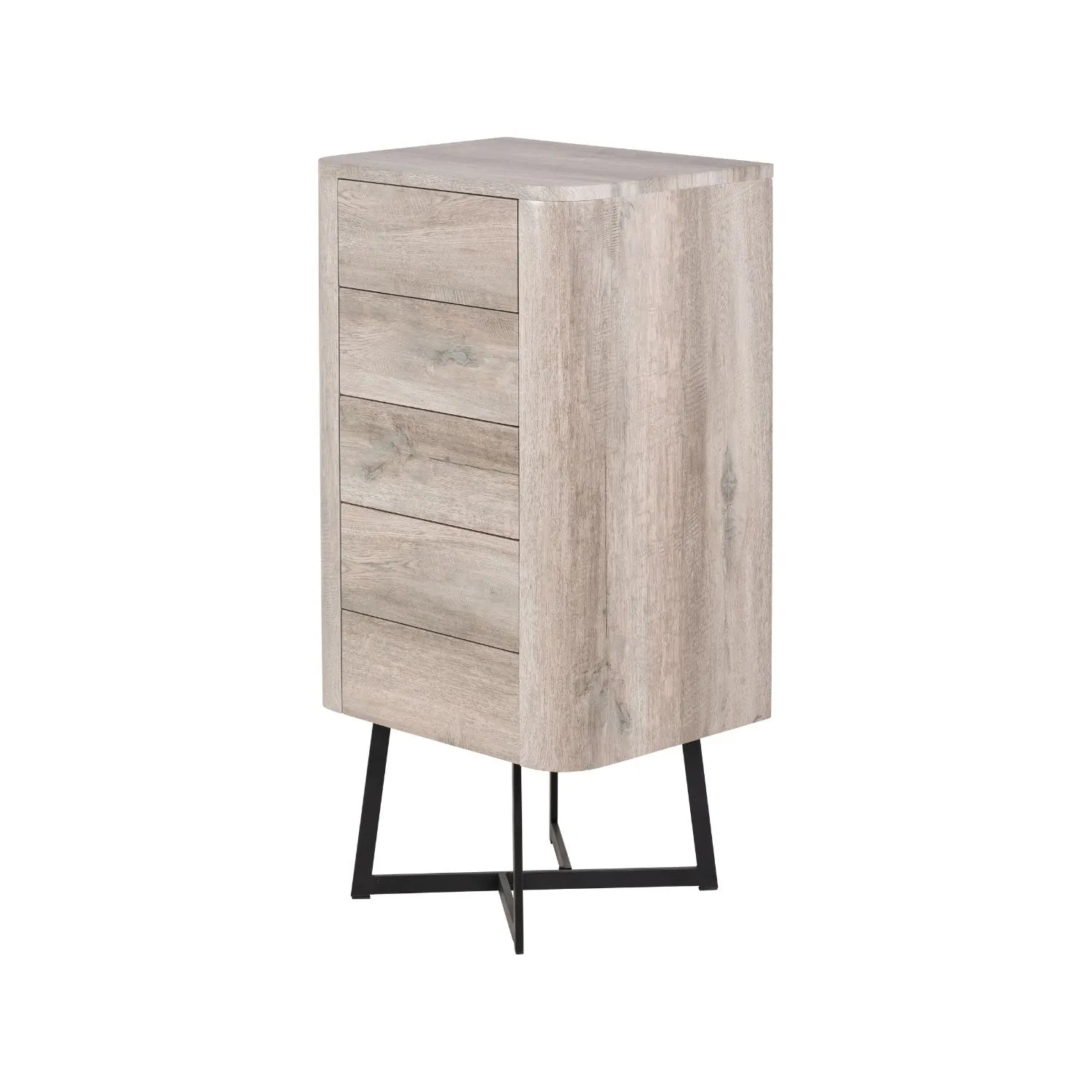 Light Grey Oak Veneer 5 Drawer Chest of Drawers with Tapered Black Metal Legs – Scandinavian Tallboy Unit H100xW50xD40cm – Grey Oak Veneer Tall Chest with Handle-Free Drawers & Black Steel Frame | Click Style