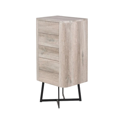 Light Grey Oak Veneer 5 Drawer Chest of Drawers with Tapered Black Metal Legs – Scandinavian Tallboy Unit H100xW50xD40cm – Grey Oak Veneer Tall Chest with Handle-Free Drawers & Black Steel Frame | Click Style