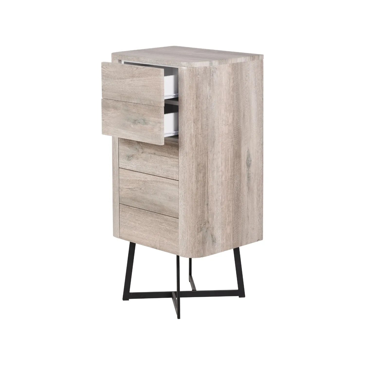 Light Grey Oak Veneer 5 Drawer Chest of Drawers with Tapered Black Metal Legs – Scandinavian Tallboy Unit H100xW50xD40cm – Grey Oak Veneer Tall Chest with Handle-Free Drawers & Black Steel Frame | Click Style