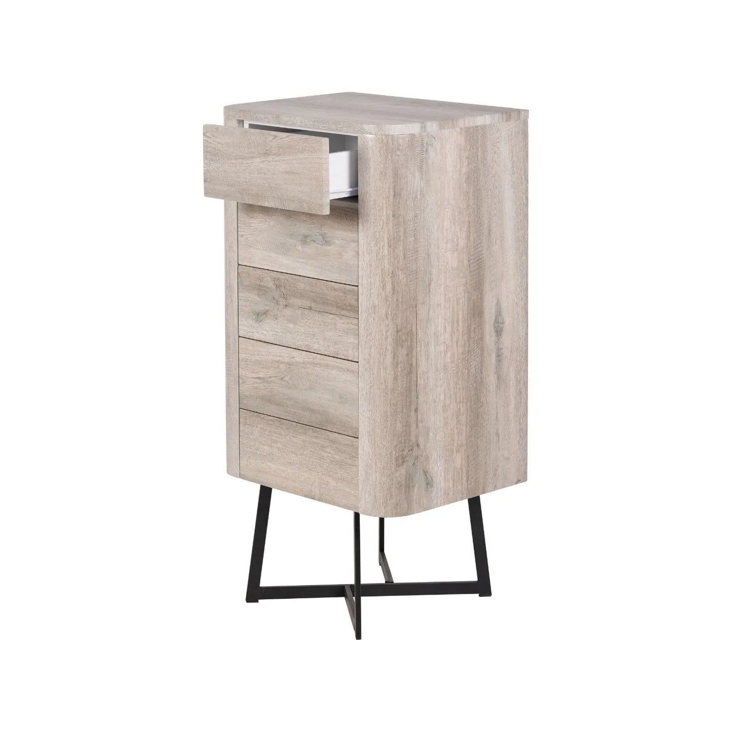 Light Grey Oak Veneer 5 Drawer Chest of Drawers with Tapered Black Metal Legs – Scandinavian Tallboy Unit H100xW50xD40cm – Grey Oak Veneer Tall Chest with Handle-Free Drawers & Black Steel Frame | Click Style