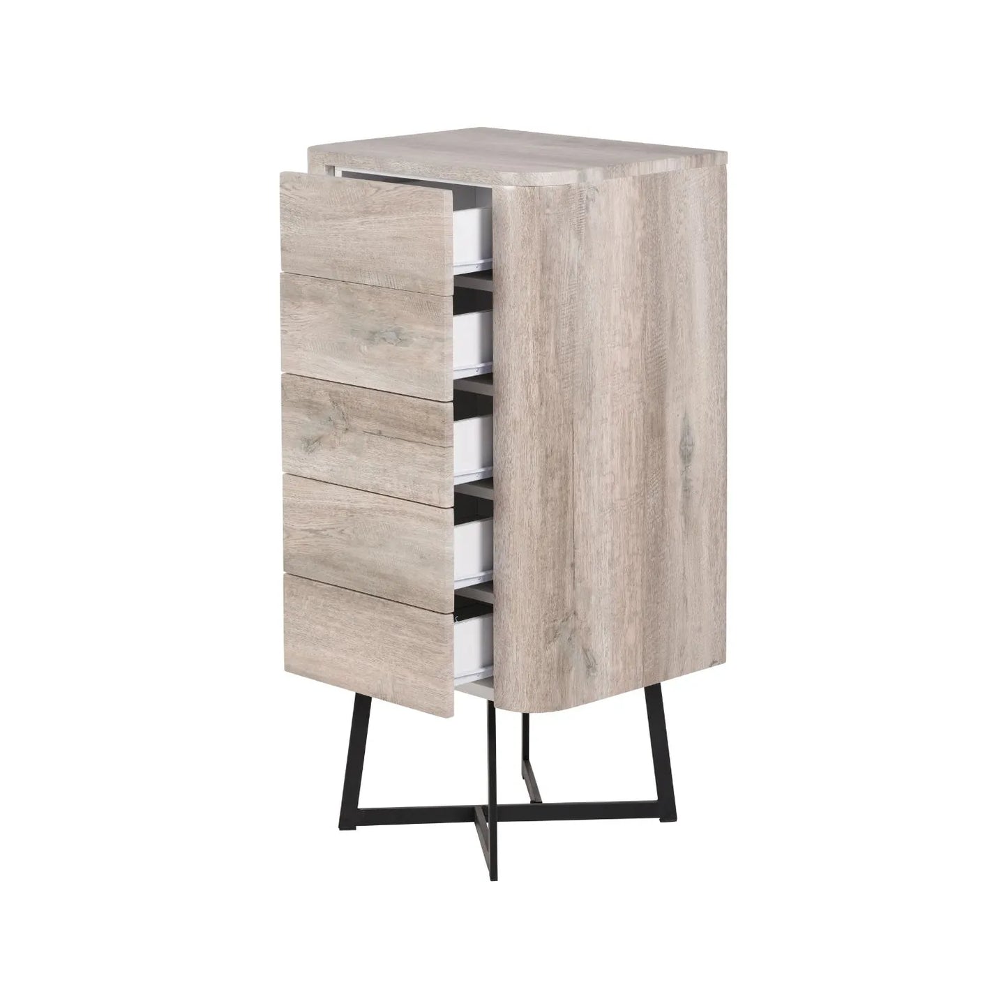 Light Grey Oak Veneer 5 Drawer Chest of Drawers with Tapered Black Metal Legs – Scandinavian Tallboy Unit H100xW50xD40cm – Grey Oak Veneer Tall Chest with Handle-Free Drawers & Black Steel Frame | Click Style