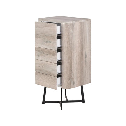 Light Grey Oak Veneer 5 Drawer Chest of Drawers with Tapered Black Metal Legs – Scandinavian Tallboy Unit H100xW50xD40cm – Grey Oak Veneer Tall Chest with Handle-Free Drawers & Black Steel Frame | Click Style